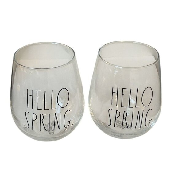 Rae Dunn "Hello Spring" Clear Stemless Glasses Set Of 2 - Picture 1 of 2